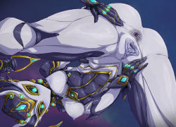 1girl anus ass blue_eyes breasts clitoris colored_skin from_below mirage_(warframe) mirage_prime_(warframe) multicolored_skin nipples pochincoff pussy spread_anus spread_legs spread_pussy uncensored urethra warframe