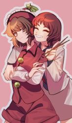 2girls arm_on_another&#039;s_shoulder black_shirt blush brown_eyes brown_hair buttons closed_eyes closed_mouth collared_shirt collared_vest commentary commission cowboy_shot crossed_arms drumsticks english_commentary fingernails frills hair_between_eyes hand_up hat hat_ornament highres holding holding_drumsticks horikawa_raiko jacket konoha217 lapels long_fingernails long_sleeves looking_at_another lyrica_prismriver multiple_girls nail_polish necktie open_clothes open_jacket pink_background pink_nails puffy_long_sleeves puffy_sleeves red_hair red_hat red_necktie red_shorts red_vest shirt short_hair shorts simple_background skirt smile standing star_(symbol) star_hat_ornament teeth touhou v vest white_jacket white_shirt white_skirt