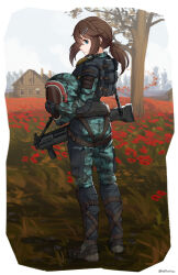 1girl absurdres blue_eyes blue_helmet blue_jacket blue_pants blue_sky brown_hair building camouflage camouflage_helmet camouflage_jacket camouflage_pants closed_mouth cloud commentary day field flower from_behind full_body grey_shoes gun hair_between_eyes hair_ornament hairclip helm helmet highres jacket looking_at_viewer looking_back low_ponytail ndtwofives outdoors pants ponytail profile red_flower shoes sky smile solo stalker_(game) standard_manufacturing_dp-12 tree unworn_headwear unworn_helmet weapon
