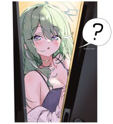 Rule 34 | 1girl, ?, alternate costume, alternate hairstyle, aqua eyes, aqua halo, bare shoulders, black bra, border, bra, breasts, commentary, dandandanholo, english commentary, green hair, hair between eyes, halo, large breasts, light blush, long hair, looking at viewer, messy hair, open mouth, opening door, sidelocks, solo, spaghetti strap, spoken question mark, stellive, twitter username, underwear, white border, yuzuha riko