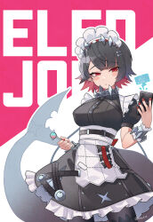 absurdres blush_stickers breasts candy cellphone character_name closed_mouth colored_inner_hair cowboy_shot ellen_joe fins fish_tail food greyscale hey_cre highres large_breasts lollipop maid maid_headdress monochrome multicolored_hair phone red_eyes red_hair shark_girl shark_tail short_hair short_sleeves simple_background smartphone tail zenless_zone_zero