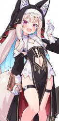 1girl animal_ears bare_shoulders black_veil book breasts brown_hair fox_ears fox_tail gloves highres holding holding_book looking_at_viewer navel nun original purple_eyes simple_background small_breasts solo tail thigh_strap thighs ug_(nekonekodou) veil white_background white_gloves
