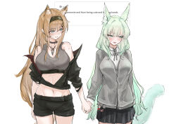 2girls absurdres animal_ears aqua_eyes arknights averting_eyes bare_shoulders blush brown_hair cowboy_shot embarrassed english_text green_eyes green_hair green_tail groin harmonie_(arknights) highres horn_(arknights) inset long_hair looking_at_another midriff multiple_girls navel request_inset sketch standing tail uof yuri