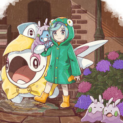 1boy aged_down bandaid bandaid_on_knee bandaid_on_leg bellibolt bellibolt_(cosplay) blue_hair bush buttons cetoddle closed_mouth commentary_request cosplay day gen_3_pokemon gen_6_pokemon goomy goomy_(cosplay) grusha_(pokemon) highres hood hood_up knees long_sleeves male_focus min_(myna8247) nintendo outdoors pelipper pelipper_(cosplay) pokemon pokemon_(creature) pokemon_on_arm pokemon_sv rain raincoat short_hair smile standing swablu swept_bangs