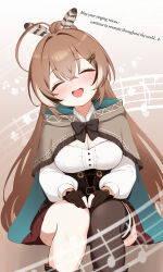 1girl :d absurdres ahoge black_hair blush breasts brown_background brown_capelet brown_gloves brown_hair brown_thighhighs capelet cleavage closed_eyes commentary_request crossed_bangs english_text feather_hair_ornament feathers gloves gradient_background hair_between_eyes hair_ornament head_tilt highres hololive hood hood_down hooded_capelet kani_bonara knees_together_feet_apart large_breasts long_hair long_sleeves multicolored_hair nanashi_mumei nanashi_mumei_(1st_costume) open_mouth partially_fingerless_gloves ponytail rune_hair_ornament shirt single_thighhigh sitting smile solo streaked_hair thighhighs virtual_youtuber white_background white_hair white_shirt