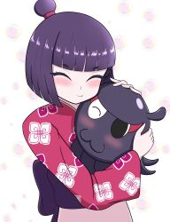 1girl absurdres benimaru101 blush bubble_background closed_eyes commentary fate/grand_order fate_(series) father_and_daughter floral_print floral_print_kimono hair_bun highres hug japanese_clothes katsushika_onao_(fate) kimono octopus one_eye_closed pink_kimono print_kimono purple_hair short_hair single_hair_bun smile tokitarou_(fate)