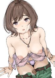 1girl belt bra breasts brown_eyes brown_hair clothes_pull gakuen_idolmaster gatsby_ssl highres idolmaster jewelry lace lace_bra lace_panties lingerie looking_at_viewer necklace neo_asari nervous nipples non-web_source nude panties pants pants_pull pubic_hair short_hair solo underwear watch white_background wristwatch