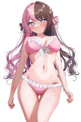 1girl absurdres bare_shoulders bikini blush bow bow_bikini breasts brown_hair brown_nails brown_ribbon closed_mouth collarbone commentary fingernails frilled_bikini frills hair_ribbon highres large_breasts long_hair looking_at_viewer multicolored_hair multicolored_nails nail_polish navel pink_bikini pink_hair pink_nails pink_ribbon purple_eyes ribbon simple_background solo stomach swimsuit tachibana_hinano thighs two-tone_hair virtual_youtuber vspo! white_background white_bow zuizui_11