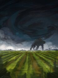 Rule 34 | all fours, barn, character request, cloud, creature, dark cloud, farm, field, hedge, kaiju, mountainous horizon, no humans, original, outdoors, painterly, power lines, scenery, size difference, swirling, water tower, zandra