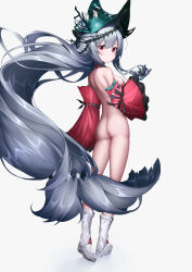 1girl absurdres aqua_hat arknights ass blue_gloves boots chinese_commentary commentary detached_sleeves floating_hair from_behind full_body gloves grey_background grey_boots grey_gloves grey_hair hair_between_eyes hand_up hat highres knee_boots light_blush long_hair long_sleeves looking_at_viewer looking_back mofashi_(sxaf8777) nude red_eyes red_sleeves simple_background skadi_(arknights) skadi_the_corrupting_heart_(arknights) solo standing very_long_hair wide_sleeves