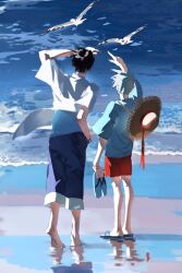 Rule 34 | 2boys, alien stage, arm up, barefoot, beach, bird, black hair, commentary, english commentary, flip-flops, full body, grey hair, hat on back, highres, holding, holding shoes, holding unworn clothes, ivan (alien stage), male focus, multiple boys, ocean, pants, pants rolled up, red shorts, reflection, reflective water, sandals, shirt, shoes, shore, shorts, till (alien stage), uchiha i arts, unworn shoes, water, white shirt