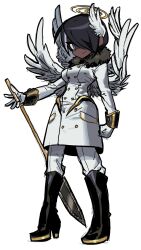 Rule 34 | 1girl, angel, angel wings, black hair, boots, breasts, coat, dark-skinned female, dark skin, dizzy, feathered wings, full body, fur-trimmed coat, fur-trimmed collar, fur trim, hair over one eye, halo, head wings, highres, holding, holding polearm, holding weapon, kakke666, looking at viewer, multiple wings, original, polearm, purple eyes, short hair, simple background, small breasts, solo, standing, swirl, very dark skin, weapon, white background, white coat, white wings, wings