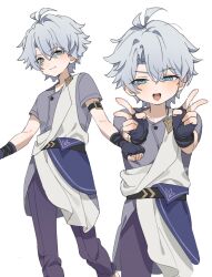 1boy :d aged_down antenna_hair arm_belt blue_eyes child double_v feet_out_of_frame fingerless_gloves gloves grey_hair grey_shirt highres honkai:_star_rail honkai_(series) hssfaxee looking_at_viewer male_focus multiple_views open_mouth pants phainon_(a_dream_scented_in_wheat)_(honkai:_star_rail) phainon_(honkai:_star_rail) purple_pants shirt short_sleeves simple_background smile solo v white_background