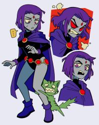 ... 1boy 1girl absurdres animal_boy beast_boy_(dc) black_leotard boots cape cat cat_boy commentary couple dc_comics english_commentary full_body garfield_logan green_fur grey_background highres leotard looking_to_the_side marreeps multiple_views open_mouth purple_cape purple_footwear purple_hair raven_(dc) red_background red_eyes short_hair simple_background sleeved_leotard speech_bubble standing teen_titans teeth upper_body upper_teeth_only
