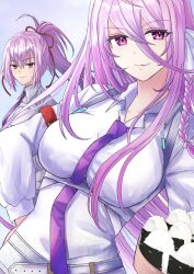 2girls absurdres braid breasts chest_harness collarbone dark_skin food hair_over_one_eye harness heaven_burns_red highres kura_satomi large_breasts long_hair long_sleeves multiple_girls necktie onigiri pink_hair ponytail red_eyes red_ribbon ribbon sakura_illu shirt tsukishiro_monaka white_background white_shirt