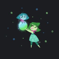 artist_name disgust_(inside_out) dress envy_(inside_out_2) glowing green_eyes green_hair highres inside_out inside_out_2 iraicheezz leggings looking_at_another orb polka_dot polka_dot_background scarf short_hair signature simple_background size_difference smile