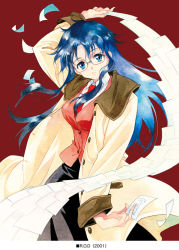 00s 1girl 2000 agahari black_hair blue_eyes coat copyright_name female_focus glasses long_hair looking_at_viewer necktie paper read_or_die red_necktie solo yomiko_readman