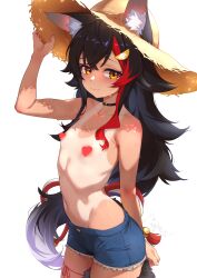1girl absurdres animal_ears black_hair blue_shorts blush brown_eyes censored closed_mouth crop_top ears_through_headwear flat_chest hand_on_headwear hat heart heart_censor highres hinanawi_mika hololive long_hair multicolored_hair navel one-piece_tan ookami_mio shorts simple_background solo standing streaked_hair sun_hat tan tanline topless_female very_long_hair virtual_youtuber white_background wolf_ears