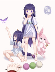2girls absurdres anklet arm_up barefoot bell bow braid bug butterfly cameo character_doll dango finger_to_mouth food genshin_impact hair_bow hair_ornament hair_ribbon highres holding holding_skewer insect jewelry long_hair looking_to_the_side low-tied_long_hair makoto_(genshin_impact) multiple_girls oversized_clothes oversized_shirt parted_lips pointing pointing_at_self pointing_up pov purple_eyes purple_hair raiden_shogun ribbon shirt shirt_tug single_braid skewer skym_(kumei) soles stuffed_fox toes wagashi white_background white_shirt yae_miko yae_miko_(fox) aged_down