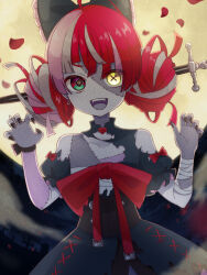 Rule 34 | 1girl, ahoge, bandaged arm, bandaged chest, bandages, bare shoulders, black bow, black corset, black dress, black nails, blunt ends, bow, chest bow, claw pose, colored skin, colored tongue, commentary, corset, cowboy shot, diamond-shaped pupils, diamond (shape), double bun, dress, dress bow, falling petals, fangs, fingernails, fisheye, flat chest, full moon, gradient eyes, green eyes, grey hair, grey skin, grin, hair bow, hair bun, heterochromia, hololive, hololive indonesia, kureiji ollie, kureiji ollie (1st costume), long hair, looking at viewer, mismatched pupils, moon, multicolored eyes, multicolored hair, multicolored skin, nail polish, outdoors, patchwork skin, petals, pink hair, puffy short sleeves, puffy sleeves, purple tongue, red bow, red eyes, red hair, ribbon, rissaaaan, sarashi, sharp fingernails, short sleeves, smile, solo, stitched arm, stitched face, stitched torso, stitches, sword, symbol-shaped pupils, torn clothes, torn dress, two-tone skin, underbust, v-shaped eyebrows, virtual youtuber, weapon, white skin, wrist ribbon, x-shaped pupils, yellow eyes, zombie