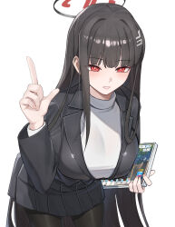 1girl absurdres bent_over black_hair black_jacket black_pantyhose black_skirt blue_archive blush grin hair_between_eyes hair_ornament hairclip highres holding holding_tablet_pc jacket long_hair looking_at_viewer mukmuknodap pantyhose pointing pointing_up red_eyes rio_(blue_archive) shirt sidelocks skirt smile tablet_pc turtleneck turtleneck_shirt white_shirt