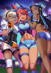 Rule 34 | 3girls, ;d, abs, absurdres, armlet, ass, bea (pokemon), belly chain, bike shorts, black bodysuit, black hair, black hairband, blonde hair, blue bike shorts, blue eyes, blue eyeshadow, blue gloves, blue jacket, blue shorts, bodysuit, bodysuit under clothes, bow hairband, breasts, commentary request, covered abs, cropped jacket, dark-skinned female, dark skin, earclip, earrings, eyeshadow, gloves, gym leader, hair between eyes, hair bun, hair ornament, hairband, highres, holding, hoop earrings, jacket, jewelry, knee pads, large breasts, long hair, makeup, medium breasts, midriff, multicolored bike shorts, multicolored hair, multiple girls, navel, nessa (pokemon), nintendo, one eye closed, one side up, open mouth, pokemon, pokemon bw, pokemon swsh, pouch, print shirt, print shorts, red hair, shirt, short hair, short hair with long locks, short shorts, short sleeves, shorts, side slit, side slit shorts, sidelocks, single hair bun, sky, skyla (pokemon), smile, stadium, thigh pouch, toin (iitoin), turtleneck, two-tone hair