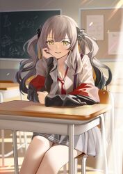 1girl absurdres black_jacket breasts chair classroom collared_shirt desk fate/grand_order fate_(series) flower gradient_hair grey_hair grey_skirt grin hair_flower hair_ornament highres jacket long_hair long_sleeves looking_at_viewer marie_antoinette_(fate) marie_antoinette_alter_(fate) medium_breasts mishiro_(ixtlolton) multicolored_hair multicolored_jacket necktie off_shoulder pseudo-tokyo_school_uniform red_jacket school_desk school_uniform shirt sidelocks skirt smile solo suspender_skirt suspenders thighs two-tone_jacket white_hair white_shirt yellow_eyes