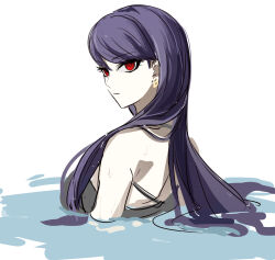 1girl bikini black_bikini commentary_request highres long_hair looking_at_viewer official_alternate_costume pale_skin partially_submerged purple_hair puru6829623335 red_eyes shizuhara_hiruko solo swimsuit the_hundred_line_-last_defense_academy- very_long_hair water wet wet_hair white_background