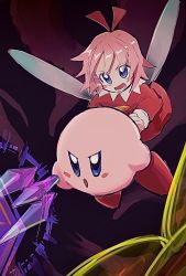 1boy 1girl angry artist_request blue_eyes blush_stickers dress fairy fairy_wings hair_ribbon incoming_attack kirby kirby_(series) kirby_64 nintendo open_mouth pink_hair ribbon ribbon_(kirby) smile teamwork wing wings