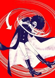 1boy 1girl afro artist_name boots brook_(one_piece) cape commentary english_commentary full_body goggles goggles_on_headwear gunko hat high_collar highres one_piece red_background short_hair simple_background skeleton ysnfjkw