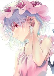 1girl bare_arms bare_shoulders bat_wings blue_hair commentary female_focus flower grin hair_between_eyes hand_up hat hat_flower head_tilt looking_at_viewer mob_cap nail_polish parted_lips pink_hat pink_shirt pointy_ears profile purple_flower purple_rose red_eyes red_flower red_nails red_rose remilia_scarlet rose shirt short_hair simple_background sleeveless sleeveless_shirt smile solo touhou tsurime upper_body white_background wings yuki_(popopo)