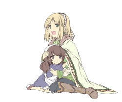 2girls apron black_eyes blonde_hair boots brown_hair cayna_(leadale_no_daichi_nite) child cloak closed_mouth elf green_cloak green_eyes hairband highres hug knee_boots leadale_no_daichi_nite long_hair looking_at_viewer lytt_(leadale_no_daichi_nite) medium_hair multiple_girls official_art open_mouth parted_bangs pointy_ears simple_background sitting smile teeth tenmaso upper_teeth_only white_apron white_background