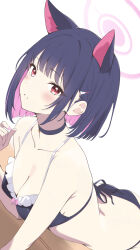 1girl absurdres alternate_costume bikini black_bikini black_choker blue_archive blush breasts cat_choker choker cleavage collarbone colored_inner_hair commentary_request dress frilled_dress frills halo halterneck highres kazusa_(blue_archive) kurumi_kororin looking_at_viewer medium_breasts medium_hair multicolored_hair nail_polish open_mouth pink_hair pink_halo pink_nails purple_hair red_eyes sidelocks solo swimsuit white_background