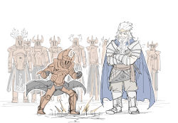 antlers armor beard blue_cape boots braid braided_beard cape circlet crack cracked_floor crossed_arms crucible_knight elden_ring facial_hair full_armor full_body godfrey_first_elden_lord horns kankan33333 plate_armor simple_background standing stomping white_background white_hair