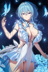 1girl absurdres alternate_breast_size armlet blue_butterfly blue_flower blue_hair blue_nails breasts bug butterfly cleavage commentary cowboy_shot crossed_bangs dress duplicate english_commentary fingernails flower hair_between_eyes hand_up highres huge_breasts insect jewelry kook long_hair looking_at_viewer nail_polish no_veil parted_lips purple_eyes shorekeeper_(wuthering_waves) sleeveless sleeveless_dress solo thighs white_dress wuthering_waves