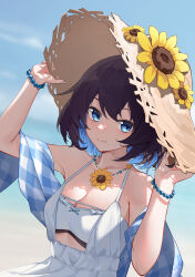 1girl absurdres black_hair blue_eyes blue_hair blue_scarf bracelet breasts cleavage derivative_work dress flower flower_necklace hand_on_headwear hat highres honkai_(series) honkai_impact_3rd inori_mai jewelry looking_at_viewer necklace ocean outdoors scarf seele_vollerei short_hair smile solo straw_hat sundress sunflower white_dress