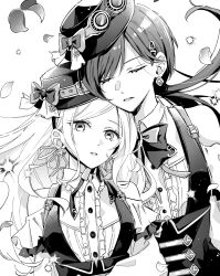 Rule 34 | 2girls, bare shoulders, bow, bowtie, breasts, center frills, ceras yanagida lilienfeld, closed eyes, clothing cutout, collared shirt, commentary, edel note, facing viewer, falling petals, frilled shirt, frilled shirt collar, frills, goggles, goggles on headwear, greyscale, hair ribbon, hat, high-waist skirt, highres, katsuragi izumi, link! like! love live!, long hair, looking at viewer, love live!, medium breasts, monochrome, multiple girls, official alternate costume, parted bangs, parted lips, petals, retrofuture (love live!), ribbon, saito shiorii, shirt, shoulder cutout, sidelocks, simple background, skirt, symbol-only commentary, tilted headwear, underbust, upper body, virtual youtuber, wavy hair, white background, wolf cut