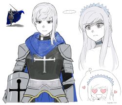 1boy 1girl armor asdf1211950 black_souls blue_cape blue_choker blue_scarf blush braid brown_eyes cape choker cinderella_(black_souls) crown full_armor grey_eyes half_up_braid hands_up heart heart-shaped_eyes helmet highres holding holding_helmet izu_(black_souls) long_hair mother_and_son multiple_views open_mouth scarf short_hair sidelocks smile speech_bubble thought_bubble white_hair wide-eyed