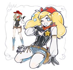 Rule 34 | 2girls, big hair, bijouoffline, blonde hair, concept art, cowboy hat, cowboy western, hat, highres, kneeling, leotard, leotard under clothes, long sleeves, multiple girls, one eye closed, persona, persona 5: dancing star night, persona dancing, production art, prototype design, suzui shiho, takamaki anne, twintails