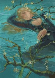1boy almond_blossoms_(van_gogh) aqua_eyes black_pants blonde_hair flower giorno_giovanna highres jojo_no_kimyou_na_bouken long_hair looking_at_viewer lying male_focus on_back pants solo vincent_van_gogh_(style) water white_flower zhaogu0527