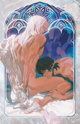 2boys aymeric_de_borel back_muscles border closed_eyes commentary_request earrings elezen elf estinien_varlineau final_fantasy final_fantasy_xiv hangleing jewelry kiss kissing_thigh kneeling long_hair long_pointy_ears long_sleeves looking_at_another male_focus multiple_boys nude ornate_border pectorals piercing pointy_ears scar scar_on_arm scar_on_leg shirt sidepec undressing white_hair white_shirt yaoi
