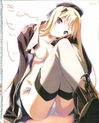 1girl absurdres baldr_sky blonde_hair blue_eyes boots breasts cleavage female_focus hat head_tilt highres kikuchi_seiji kirishima_rain long_hair long_legs open_clothes open_shirt panties pantyshot shirt sitting solo thighhighs underwear white_panties