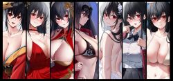 Rule 34 | 1girl, absurdly long hair, ahoge, arm support, arm up, azur lane, back, bare arms, bare shoulders, bespectacled, bikini, black bikini, black bow, black bowtie, black hair, black pantyhose, black skirt, black thighhighs, blue sky, blurry, blurry background, blush, bow, bowtie, bra visible through clothes, breasts, button gap, china dress, chinese clothes, choker, cleavage, cleavage cutout, closed mouth, clothes pull, clothing cutout, cloud, cloudy sky, collarbone, collared shirt, commentary request, crossed bangs, cup, day, dress, dress pull, drinking glass, eyewear on head, from behind, glasses, grey background, hair between eyes, hair intakes, hair ornament, highres, holding, holding cup, huge breasts, jacket, japanese clothes, kimono, large breasts, long hair, long sleeves, looking ahead, looking at viewer, mask, mask on head, median furrow, navel, off shoulder, official alternate costume, official alternate hairstyle, one side up, open clothes, open jacket, open mouth, outdoors, pantyhose, pulling own clothes, red choker, red dress, red eyes, red jacket, red kimono, round eyewear, semi-rimless eyewear, shirt, side slit, sideboob, simple background, sitting, skindentation, skirt, skirt hold, sky, sleeveless, sleeveless dress, smile, spilling, stomach, sunglasses, swimsuit, taihou (azur lane), taihou (enraptured companion) (azur lane), taihou (forbidden fruit) (azur lane), taihou (phoenix&#039;s spring song) (azur lane), taihou (sweet time after school) (azur lane), taihou (temptation on the sea breeze) (azur lane), thigh strap, thighhighs, thighs, tongue, tongue out, very long hair, white background, white bikini, white dress, white shirt, yorugami rei