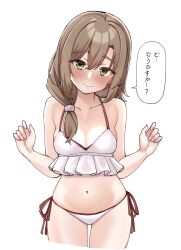 1girl alternate_costume bare_arms bare_shoulders bikini blush breasts brown_hair cleavage closed_mouth collarbone commentary cowboy_shot curvy double-parted_bangs eyelashes eyes_visible_through_hair frilled_bikini frills green_eyes hair_between_eyes hair_ornament hair_scrunchie hands_up happy highres long_hair looking_at_viewer low_ponytail medium_breasts mikuni_sairi navel pink_scrunchie ponytail raised_eyebrows scrunchie side-tie_bikini_bottom simple_background smile solo speech_bubble swimsuit symbol-only_commentary tenshi_souzou_re-boot! tft_(tft7822) thick_eyebrows thigh_gap translated tsurime w_arms white_background white_bikini