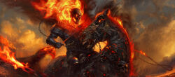 1boy absurdres building chain commentary demon disney english_commentary fantasy fire ghost_rider ghost_rider_(series) gloves glowing highres horse horseback_riding jacket leather leather_jacket male_focus marvel muhammedfeyyaz riding skull smoke spikes teeth