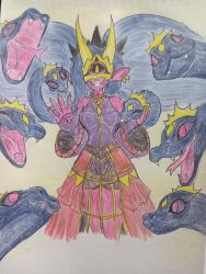 Rule 34 | crown, depressedgolduck, digimon, digimon (creature), earrings, highres, jewelry, looking at viewer, mask, medusamon, open mouth, sharp teeth, smile, snake, snake hair, teeth, tongue, tongue out, traditional media