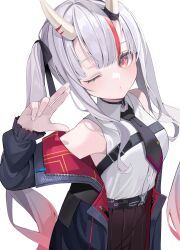 1girl armpit_peek awa_(awao141) belt belt_buckle black_belt black_necktie black_ribbon blue_jacket blunt_bangs breasts brown_skirt buckle buttons collared_shirt colored_tips commentary_request cowboy_shot eyelashes gradient_hair hair_between_eyes hair_ribbon hand_up head_tilt highres hololive horn_ornament horn_ribbon horns jacket light_blush long_hair long_sleeves looking_at_viewer medium_breasts multicolored_hair nakiri_ayame nakiri_ayame_(streetwear) necktie one_eye_closed oni open_clothes open_jacket partial_commentary pink_hair pleated_skirt pouty_lips red_eyes red_hair ribbon salute shadow shirt shirt_tucked_in simple_background skin-covered_horns skirt sleeveless sleeveless_shirt sleeves_past_wrists solo standing streaked_hair tsurime twintails twitter_username two-finger_salute very_long_hair virtual_youtuber white_background white_hair white_shirt wing_collar zipper