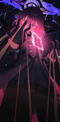 1girl absurdres black_coat black_gloves black_halo blue_archive blue_eyes buttons coat crying crying_with_eyes_open double-breasted empty_eyes from_below gloves hair_between_eyes halo hands_up heterochromia highres hoshino_(blue_archive) hoshino_terror_(blue_archive) li-mi long_hair looking_down medium_hair messy_hair orange_eyes pink_hair solo tears thighs