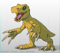 Rule 34 | agumon, animal focus, claws, commentary, deviantart username, digimon, digimon (creature), dinosaur, english commentary, full body, gradient background, green eyes, no humans, open mouth, simple background, solo, standing, twarda8, twitter username