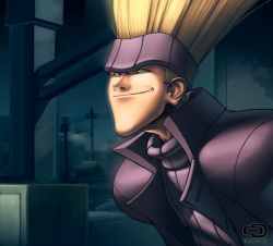 Rule 34 | 1boy, blonde hair, capcom, edge, headband, justice gakuen, long hair, looking at viewer, male focus, omar dogan, ribbed sweater, shiritsu justice gakuen, shoulder pads, solo, sweater, troll face, turtleneck, upper body, very long hair, yamada eiji